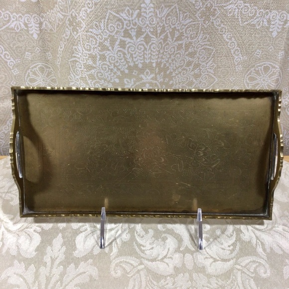 Vintage Other - Vintage Brass Rectangular Floral Etched Handled Tray